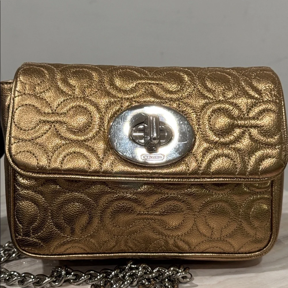 Coach Madison Small Signature Embossed Gold Metallic Leather Shoulder Bag